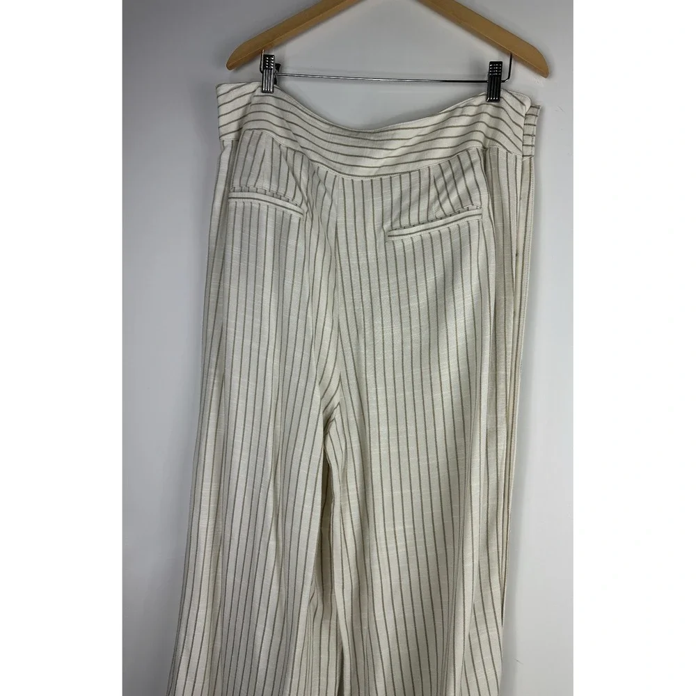 by Anthropologie Buttoned Wide Leg Pants Cream Stripe High Rise Ankle US Size 14 - Picture 12 of 13
